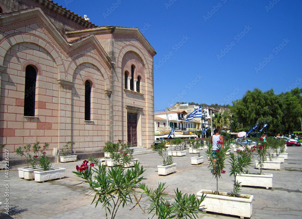 The city of Zakynthos. Streets and attractions of the island. Church of St. Dionysius, bell tower, port. Zakynthos Island, Greece
