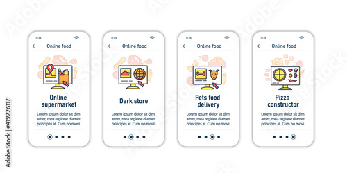 Online food onboarding mobile app screens. Consists of online supermarket, dark store, pets fod delivery, pizza canstructor steps menu. Set of UI, UX, web template with RGB color linear icons