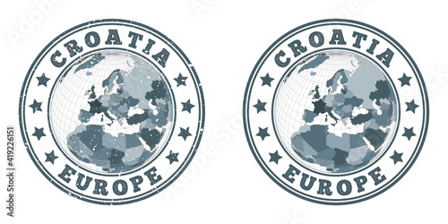 Croatia round logos. Circular badges of country with map of Croatia in world context. Plain and textured country stamps. Vector illustration.