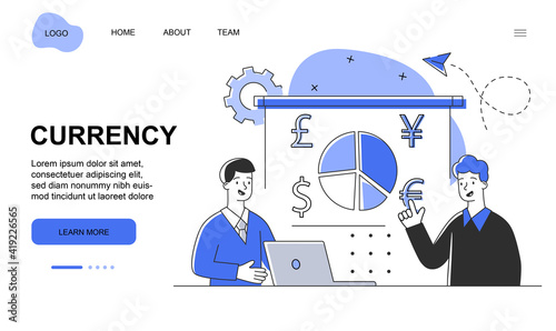Male character with laptop is working at currency exchange. Male visitor came to currency to exchange his money. Website, web page, landing page template. Flat cartoon outline vector illustration
