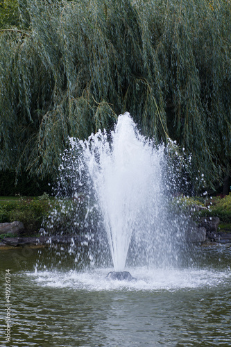 Water fountain in the park against the background of trees