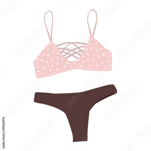 Flat vector illustration of women's swimsuit. Fashionable women's swimsuit with brown panties and polka dots on beige cups. Bikini top and bottom. Drawing on a white background