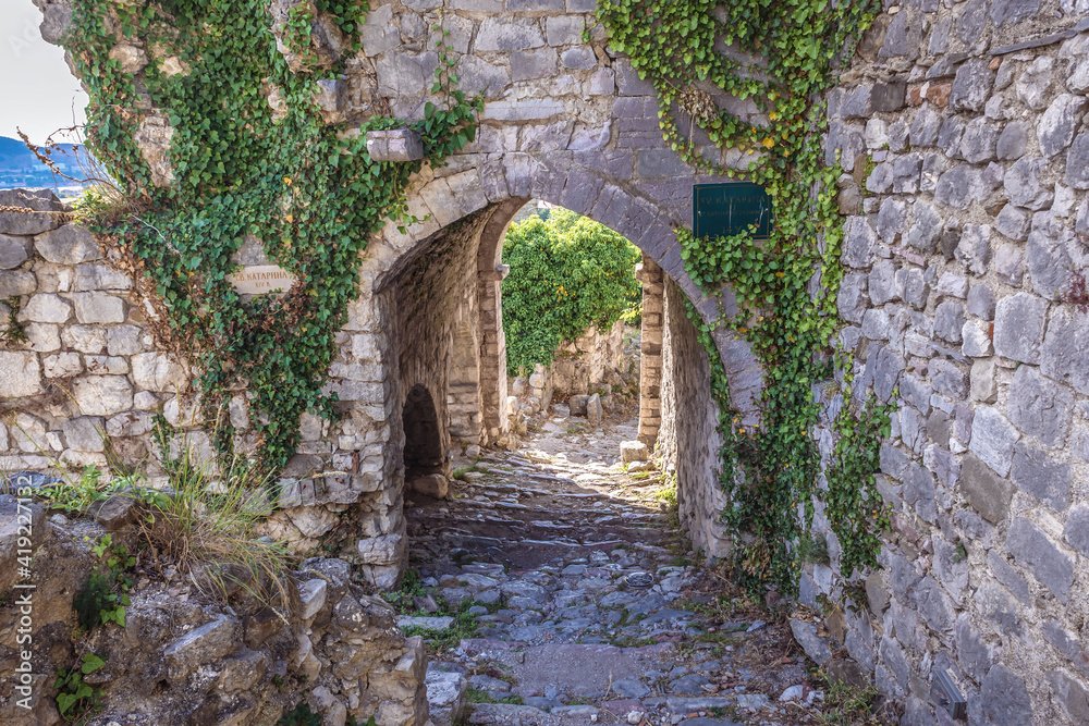 Ruins of St Catherine church in historical fortress in Stari Bar town near Bar city, Montenegro