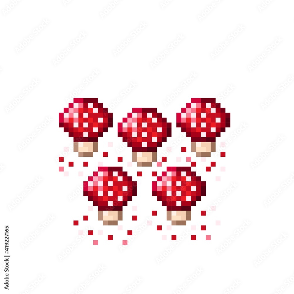 Fototapeta premium Mushroom pixel art. Cute pixel mushrooms. Vector illustration.