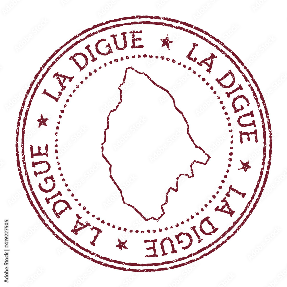 La Digue round rubber stamp with island map. Vintage red passport stamp with circular text and stars, vector illustration.