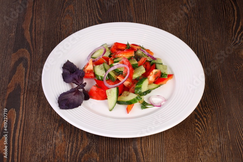 Fresh vegetable salad with onions and basil on a white plate
