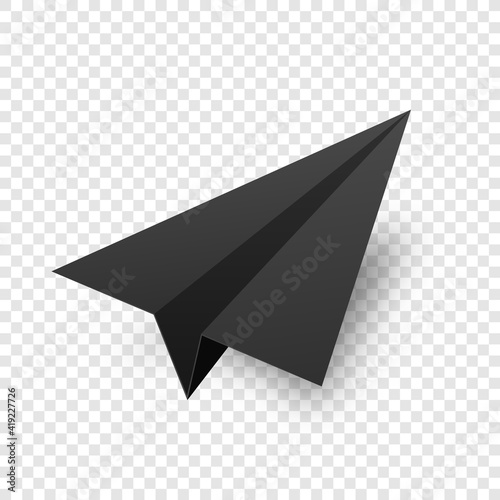 Realistic black handmade paper plane isolated on transparent background. Origami aircraft in flat style. Vector illustration.
