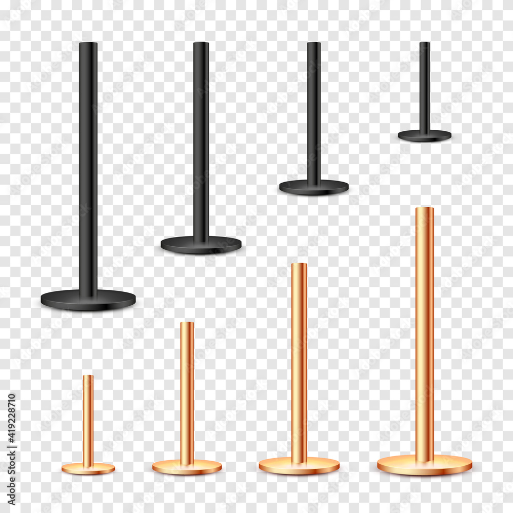 Realistic metal poles collection isolated on transparent background. Glossy bronze and steel pipes of various diameters. Billboard or advertising banner mount, holder. Vector illustration. Realistic metal poles collection isolated on transparent background. Glossy bronze and steel pipes of various diameters. Billboard or advertising banner mount, holder. Vector illustration.