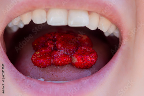Wild strawberries in the female mouth, close up