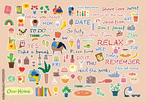 Sign stickers and symbols for organized your diary. Template for scrapbooking, wrapping, wedding invitation, notebooks, diary.