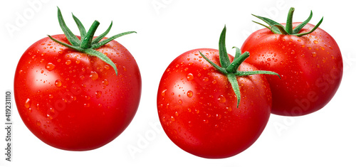 Tomato isolated. Tomatoes with drops on white background. Set of wet tomato. With clipping path.