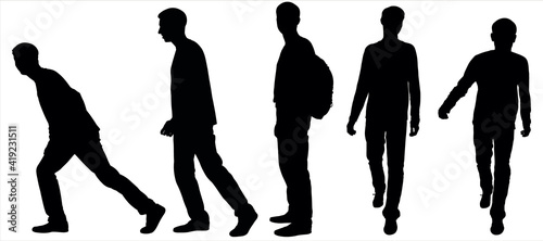 Boy with backpack in back without movement, stands straight, upright. Man runs forward towards the observer. Male silhouette takes a big step forward, falls forward. Side view, profile, full face.