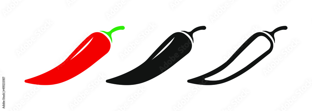 Spicy chili hot pepper icons. Asian and Mexican spicy food and sauce, red and black and outline chili peppers symbol. Spicy chili hot pepper icons. Asian and Mexican spicy food and sauce, red and black and outline chili peppers symbol.