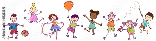 Diversity group of happy sweet kids in action playing and jumping. Kindergarten. Preschool. Funny active and joyful smiling children with cute clothes. Stylized drawing. Vignetting ink
