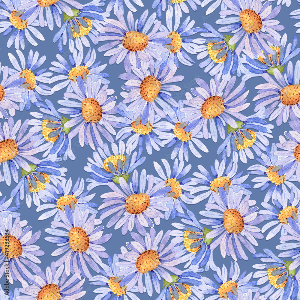 seamless pattern with watercolor delicate blue chamomile flowers, hand painted seamless pattern with watercolor delicate blue chamomile flowers, hand painted