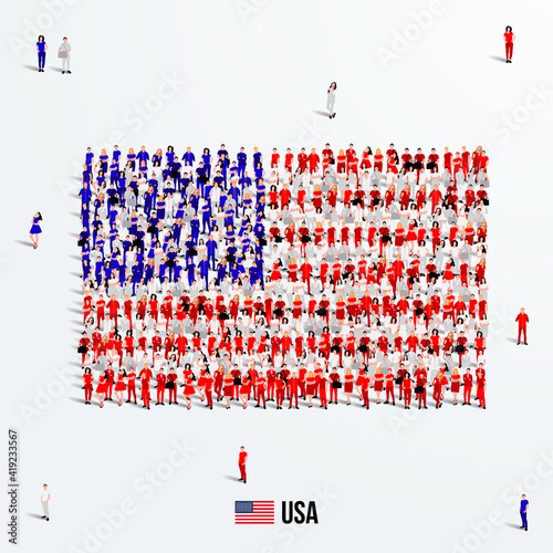 The USA or American Flag. A large group of people form to create the shape of the United States of America flag. Vector Illustration.
