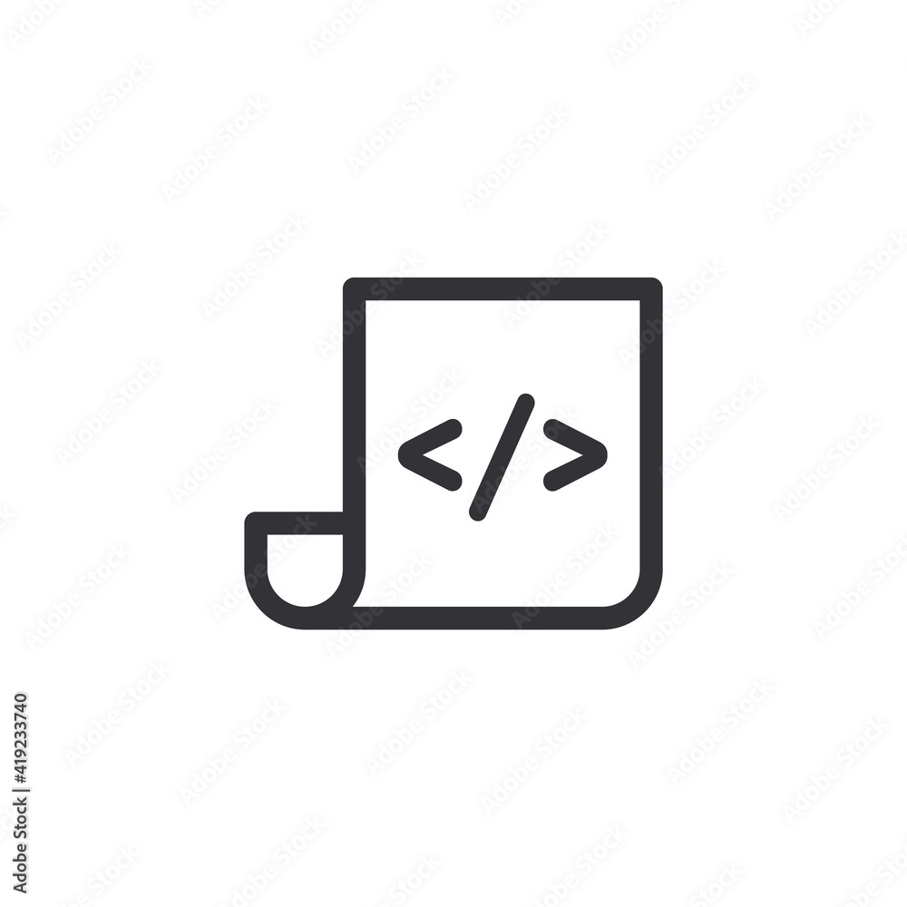 Document icon. Code icon. Office document. Programming code vector. Prepare document. Development file. Program code. Big data processing. Software development and programming. Start page. Coding icon