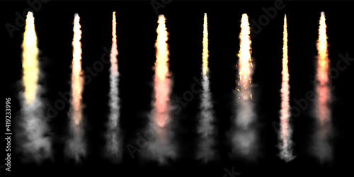 Realistic space rocket launch trails on black background. Fire burst, explosion. Missile or bullet trail. Jet aircraft tracks. Smoke clouds, fog. Steam flow. Vector illustration.
