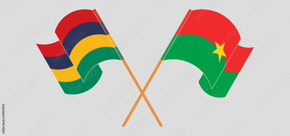 Crossed and waving flags of Mauritius and Burkina Faso Crossed and waving flags of Mauritius and Burkina Faso