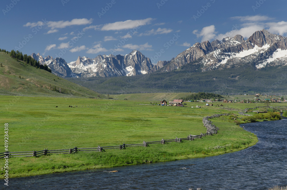 USA, Idaho. Sawtooth Mountains and Salmon River from Stanley Basin.