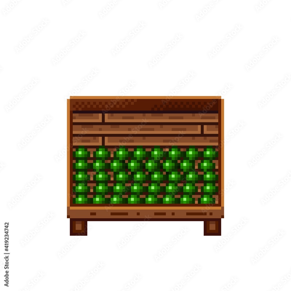 Vegetable shop pixel art. Pisum sativum in a wooden crate. Pisum sativum, food pixel art icon isolated on white background. Pisum sativum stall. Showcase with vegetable waste. Vector illustration. Vegetable shop pixel art. Pisum sativum in a wooden crate. Pisum sativum, food pixel art icon isolated on white background. Pisum sativum stall. Showcase with vegetable waste. Vector illustration.