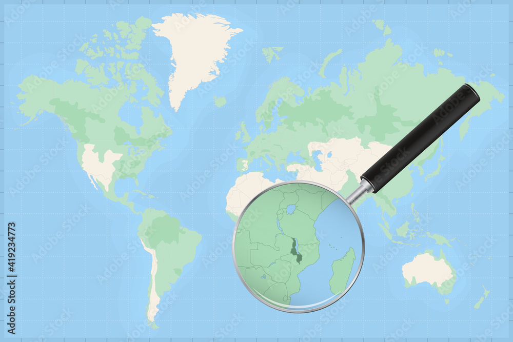 Fototapeta premium Map of the world with a magnifying glass on a map of Malawi.