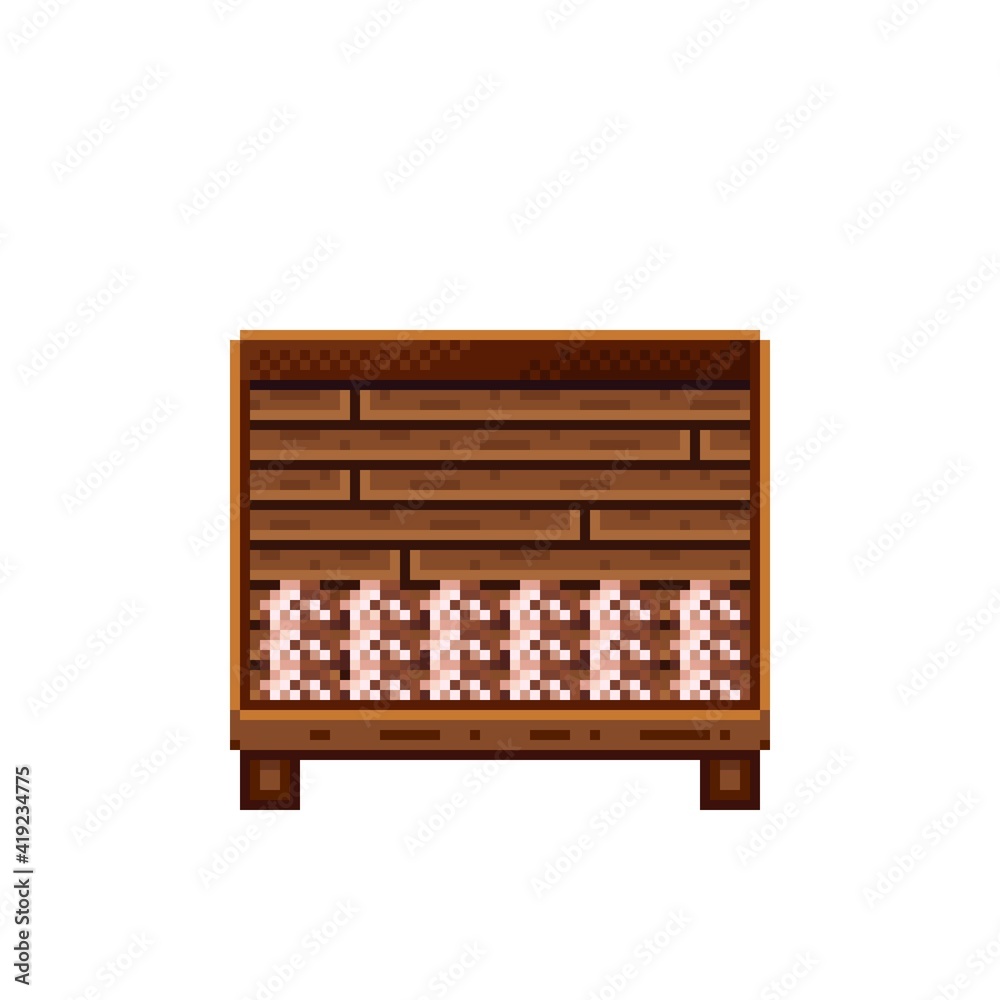 Vegetable shop pixel art. Mushrooms in a wooden crate. Mushrooms, food pixel art icon isolated on white background. Mushroom stall. Showcase with vegetable waste. Vector illustration. Vegetable shop pixel art. Mushrooms in a wooden crate. Mushrooms, food pixel art icon isolated on white background. Mushroom stall. Showcase with vegetable waste. Vector illustration.