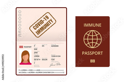 COVID-19 Immunity Passport, immunity certificate, vaccination certificate. International passport with sample personal data page.