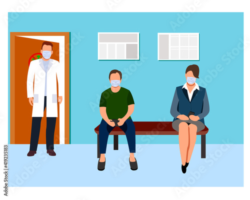 Vaccination of people against various diseases, including the coronavirus NCOV 19. In the clinic, people sit in line in medical masks. A doctor in a white lab coat is standing in the doorway, a man an