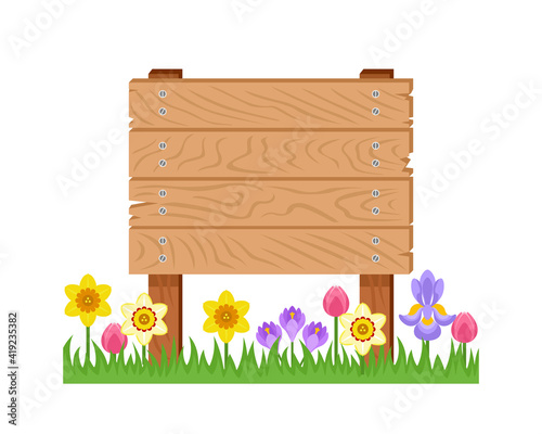 Vector wooden sign and spring flowers isolated on white. Rectangular cartoon banner, road direction, from old boards on the green grass. Flat simple illustration.