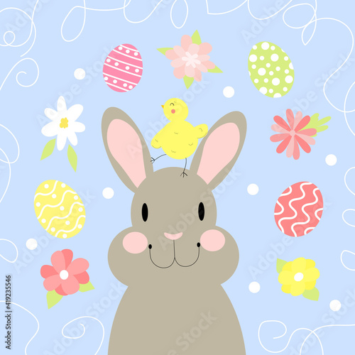 Cute rabbit with a chicken on his head on a blue background. Vector festive easter illustration.