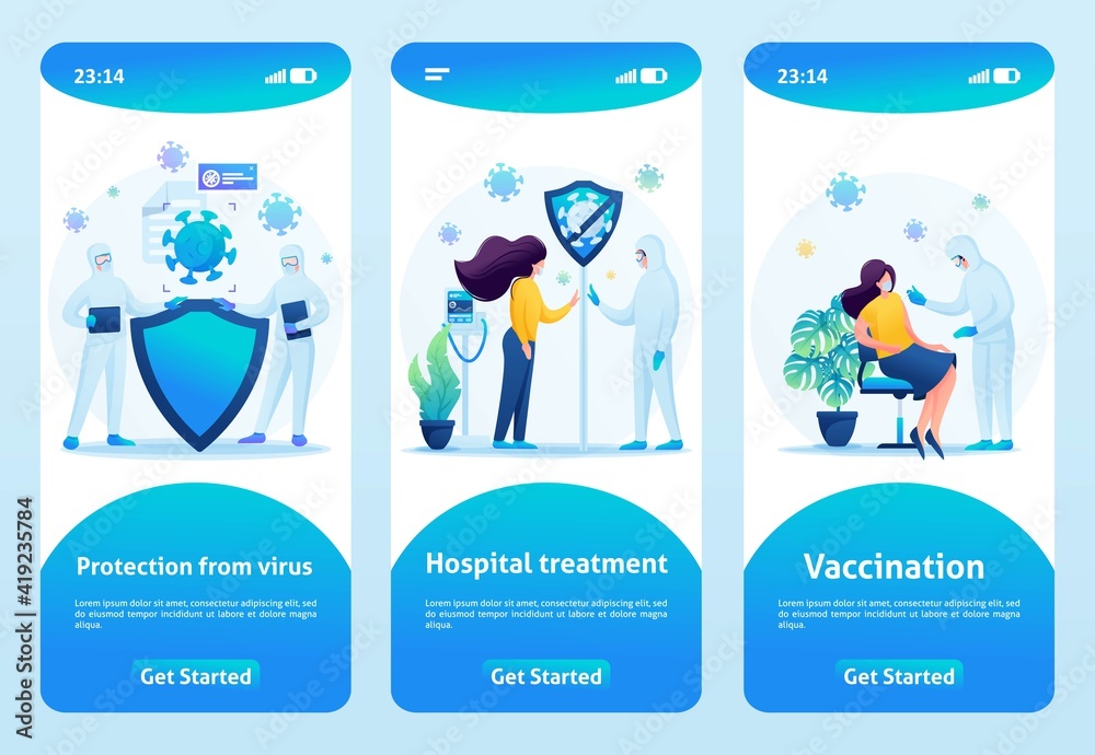 Protection against the virus in Hospital treatment and Vaccination. Flat 2D. Vector illustration mobile app