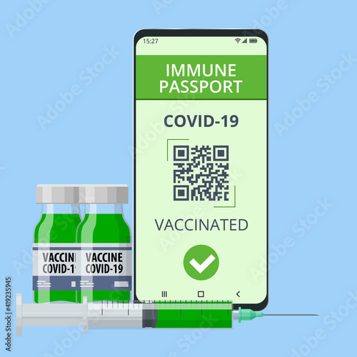 Mobile phone with immune digital health passport for covid-19. COVID-19 Immunity Passport, immunity certificate, vaccination certificate.