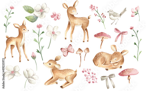 Canvastavla Baby deers watercolor forest woodland animal pink