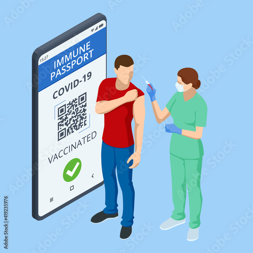 Isometric Mobile phone with immune digital health passport for covid-19. COVID-19 Immunity Passport, immunity certificate, vaccination certificate.