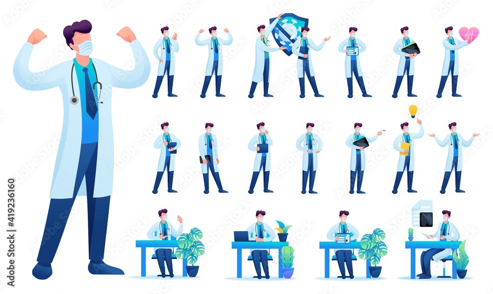 Set of Man doctor. Presentation in various in various poses and actions. 2D Flat character vector illustration N3 Set of Man doctor. Presentation in various in various poses and actions. 2D Flat character vector illustration N3
