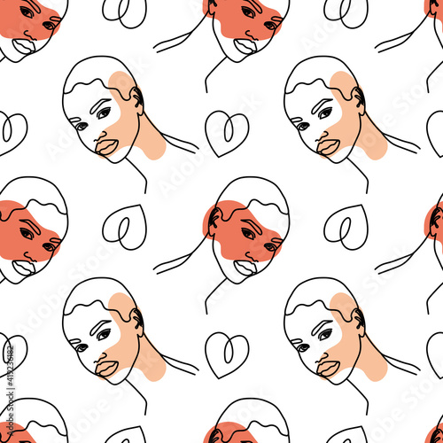 Modern female face silhouettes. Seamless pattern of hand drawn fashionable girls. Continuous line, minimalistic concept. 