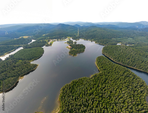 Aerial panorama of Shiroka polyana Reservoir  Bulgaria