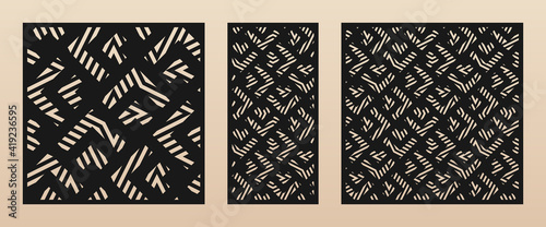 Laser cut patterns. Vector template with abstract geometric ornament, broken lines, chevron, grid, scale. Decorative stencil for laser cutting of wooden panel, metal, paper. Aspect ratio 1:2, 1:1