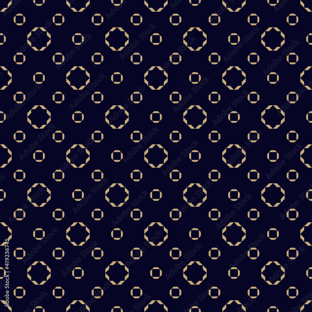Abstract seamless pattern. Simple golden vector geometric texture with small floral shapes, circles. Modern minimal gold and black background. Luxury repeat design for decor, fabric, print, textile