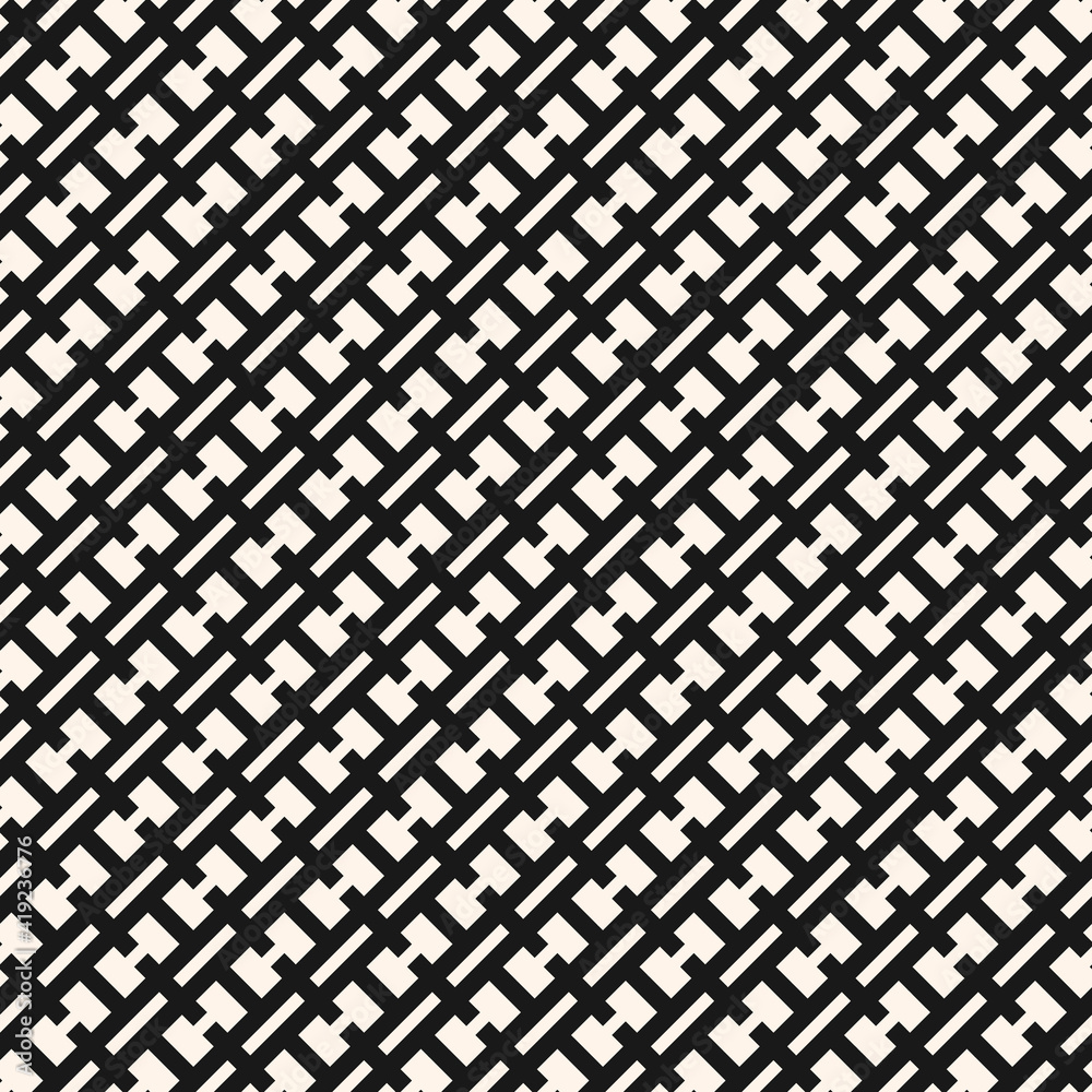 Vector geometric seamless pattern. Simple monochrome abstract texture with diagonal grid, net, grill, lattice, lines, square shapes. Modern black and white background. Repeat geometrical ornament Vector geometric seamless pattern. Simple monochrome abstract texture with diagonal grid, net, grill, lattice, lines, square shapes. Modern black and white background. Repeat geometrical ornament
