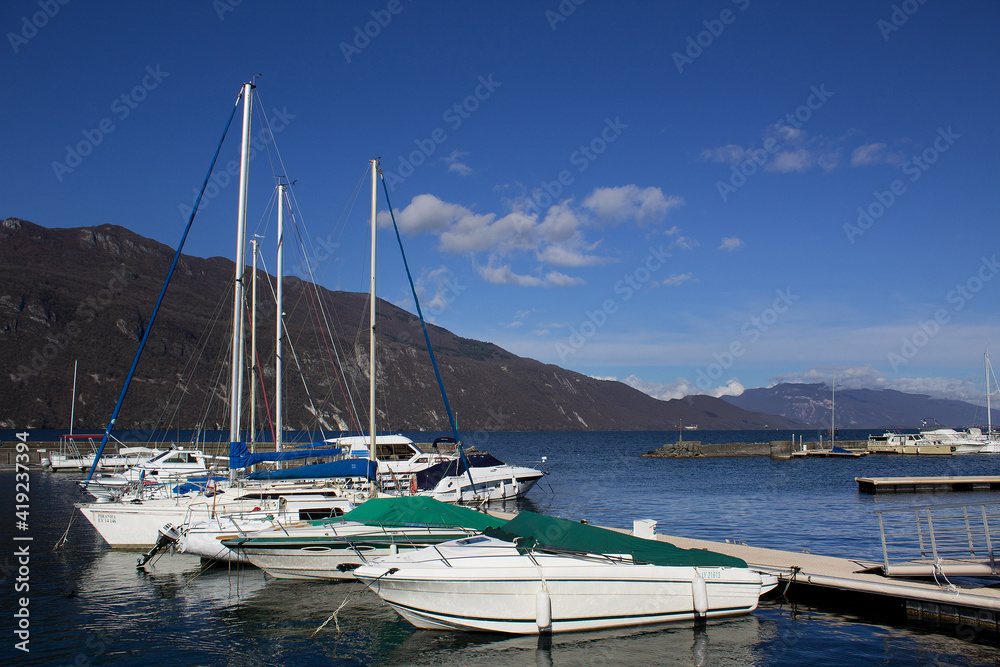 Lac Bourget natural alpes mountain lake wit boats in the port France riviera 