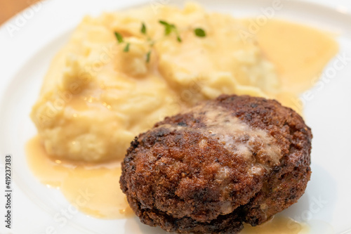 meatball with mashed potatoes and sauce