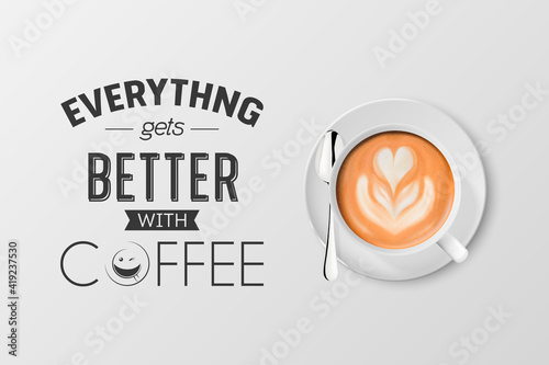 Vector 3d Realistic White Metal Enamel Mug with Foam Coffee - Capuccino, Latte - Isolated. Coffee Cup with Typography Quote, Phrase about Coffee. Stock Illustration. Design Template. Top View