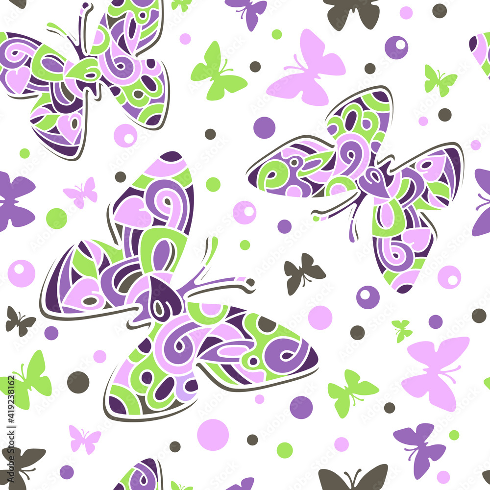 Fototapeta premium Seamless abstract fantasy butterfly pattern. Color vector stock illustration in doodle art style for wrapping paper, textile or fabric print, invitation and greeting cards, web design or apps
