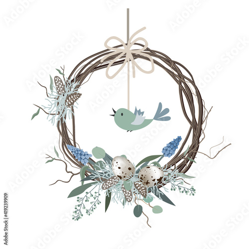 Happy Easter card, wreath in Scandinavian style with colored eggs and bird feathers. Spring decor. Hand drawn vector illustration isolated on white background