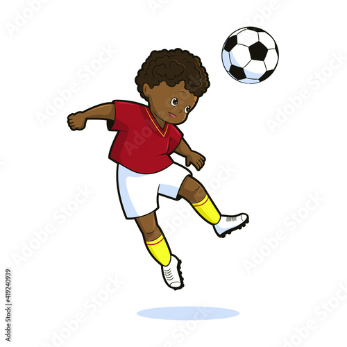 An African American teenager in the uniform of a football player kicks the ball in a jump. Vector illustration in cartoon style, black and white line art