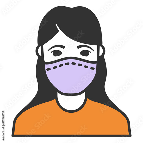 Woman in face mask to prevent disease COVID-19.Black silhouette girl .People  wearing protective surgical mask.Vector flat .