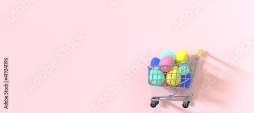 Happy Easter background. Easter eggs colorful in the shopping cart on pastel pink background. Festive concept. Copy space for Text. 3d rendering
