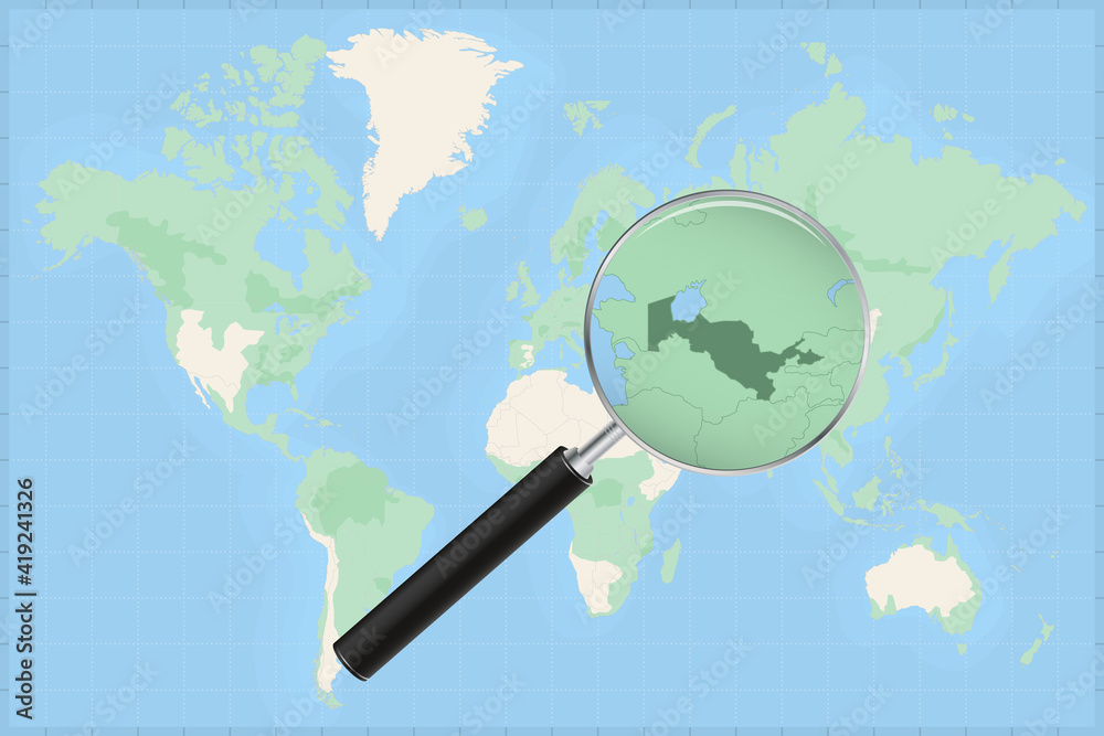 Map of the world with a magnifying glass on a map of Uzbekistan. Map of the world with a magnifying glass on a map of Uzbekistan.